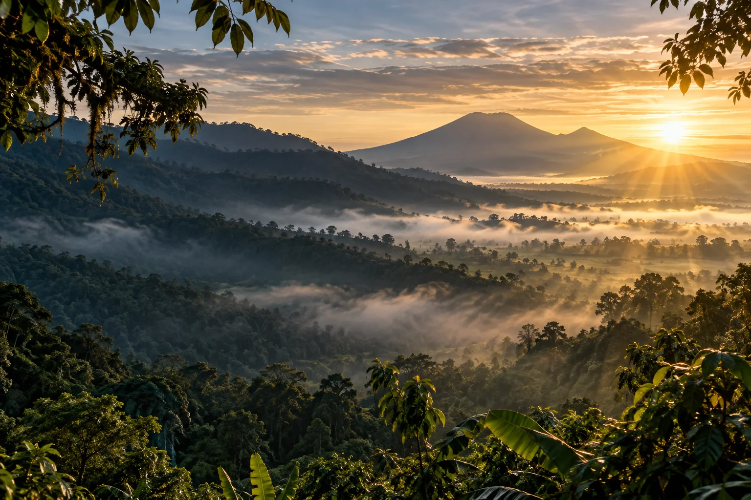 Sunrise over the forested Karo highlands
